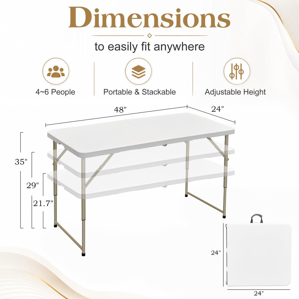 Folding Table 4 Ft, 3 Adjustable Height, Portable w/Handle, White