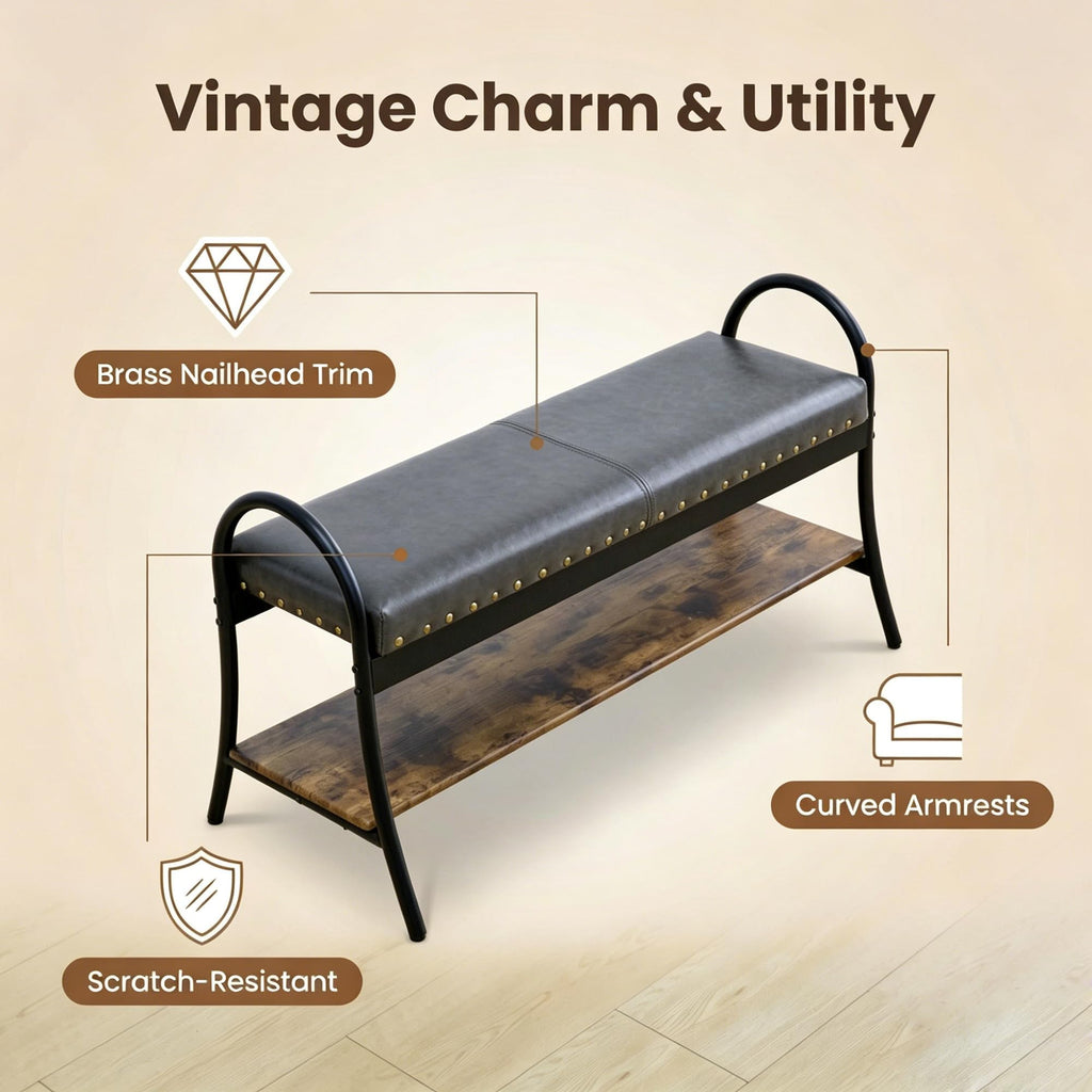 39.4" Shoe Bench with Shelf, Industrial Faux Leather Entryway Bench