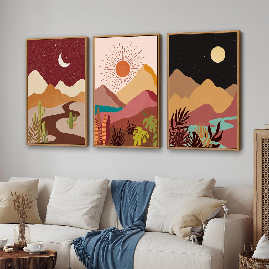 Boho Desert Framed Canvas Wall Art Set of 3, Colorful Sun and Moon Art Prints, Bohemian Modern Cactus Art Paintings