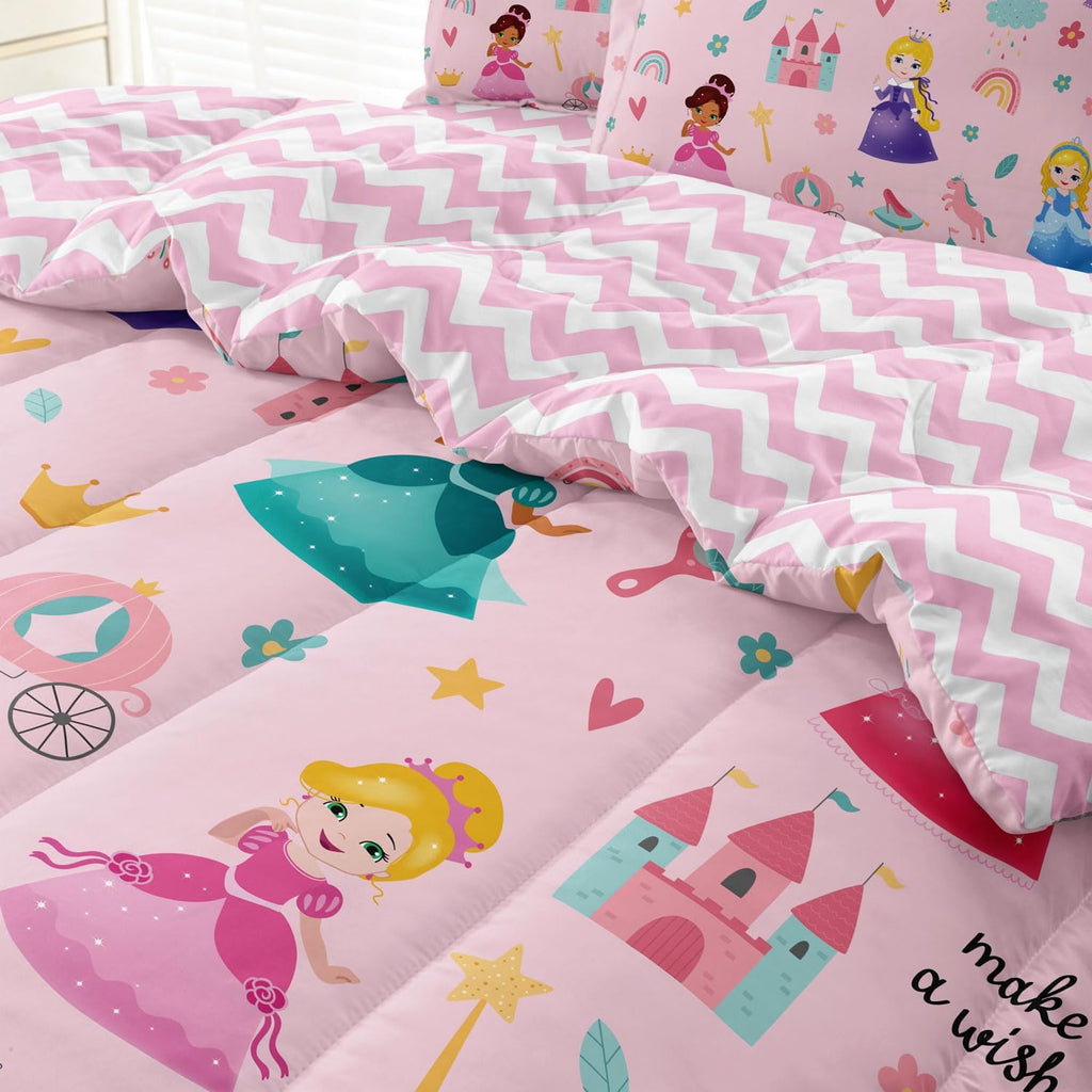 Kids Girls Princess Comforter Set Twin, Pink | Bed in a Bag, 5 Piece Set, Soft Cute Castle Bedding, 1 Comforter, 1