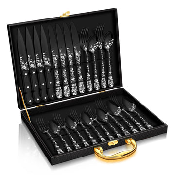 24 Pcs Black Silverware Set with Gift Box, Stainless Steel Mirror Cutlery Flatware Set for 4, Include Forks Spoons