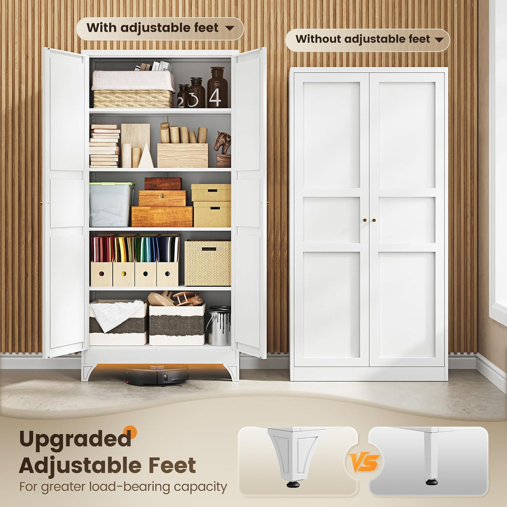 Metal Pantry Cabinet, 75" Kitchen Pantry with 2 Door and 4 Adjustable Shelves,White Metal Pantry Storage