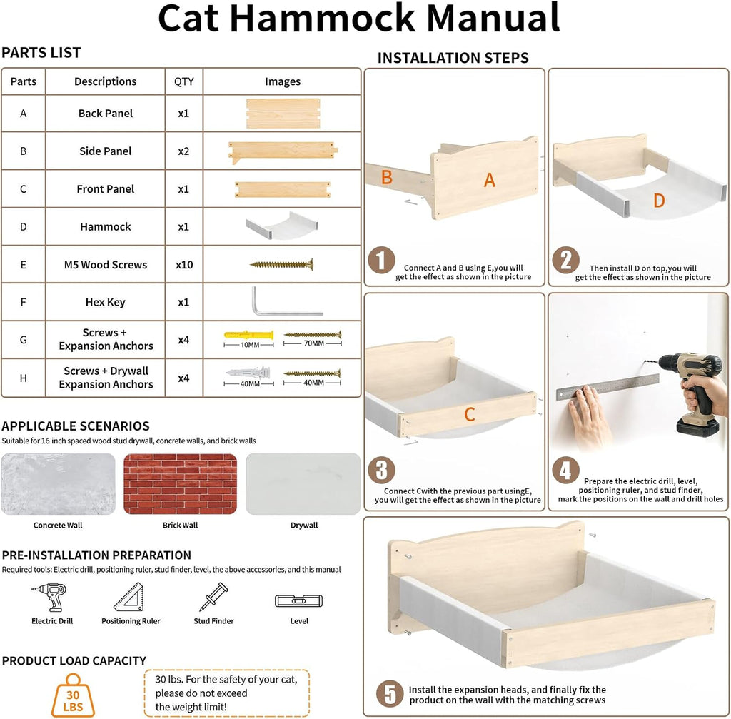 Cat Wall Hammock Mounted Bed, Wood Kitten Shelf and Perch up to 30lbs