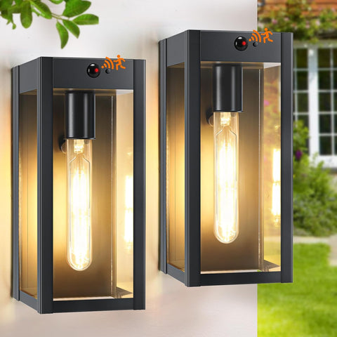 10.6" Small Motion Sensor Black Outdoor Wall Lights 2Pack, Dusk to Dawn Porch Lights Outdoor Wall Sconce with 3 Lighting Modes, Exterior Lighting Fixture Lanterns for House Garage, None-Bulb A123-B0F6X71X9B