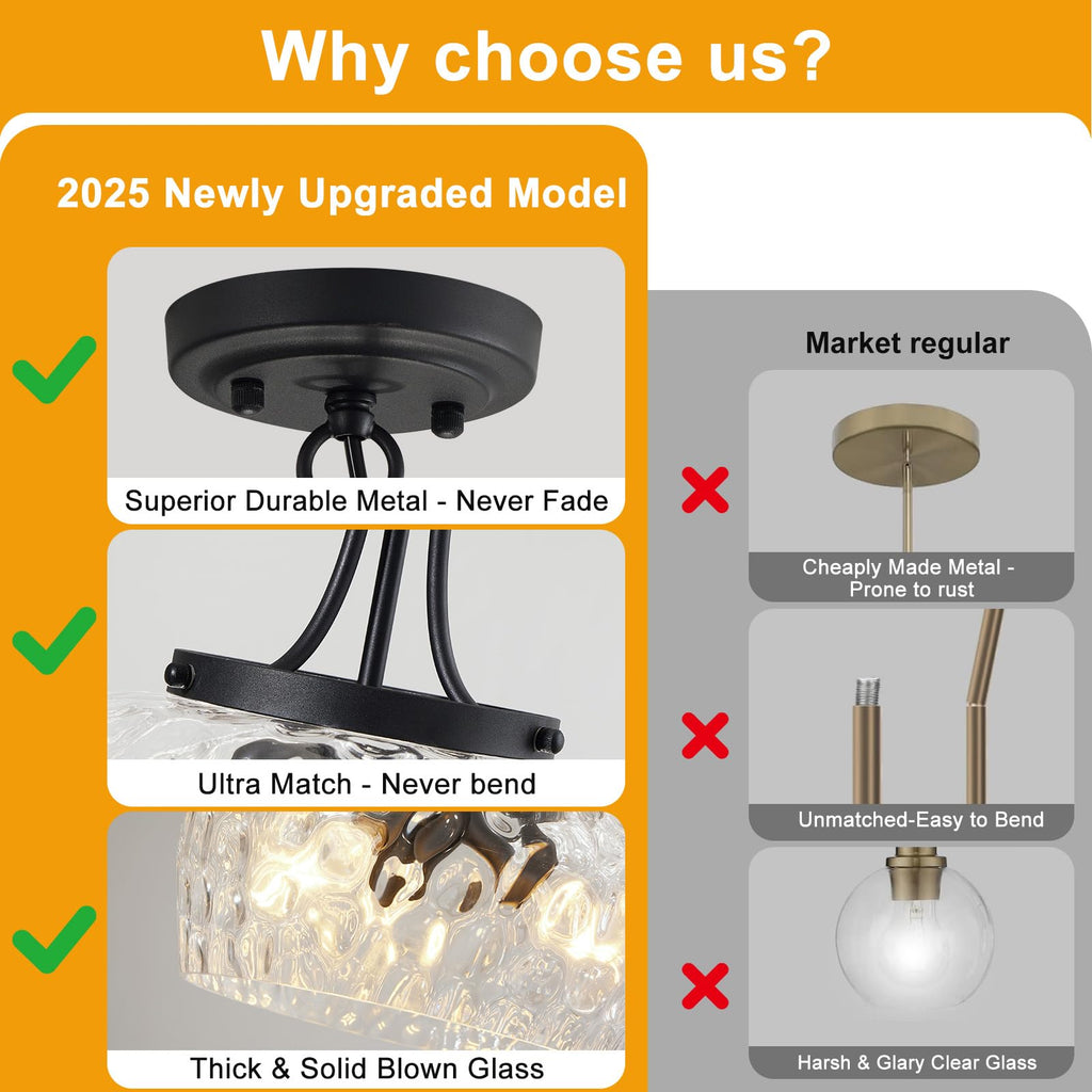 Pendant Lights Kitchen Island, 3-Light Black Pendant Light Fixtures with 14.2" Clear Hammered Glass Shade, Industrial