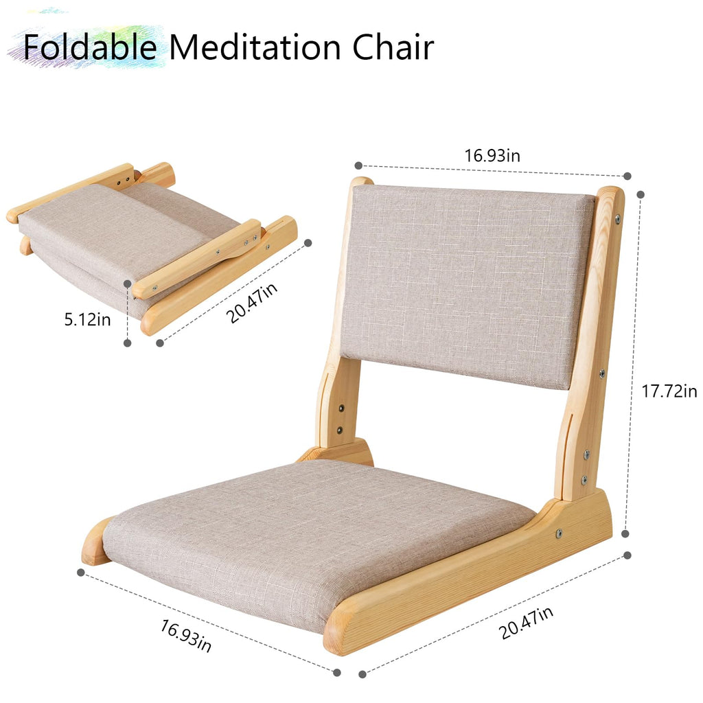 Japanese Floor Chair with Back Support, Foldable Meditation Chair, Legless Tatami Chair with Cushion, Floor Seat