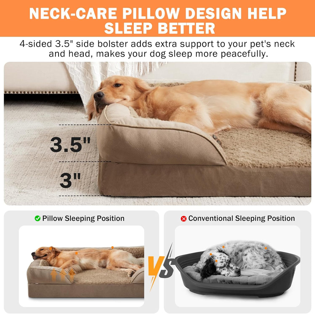 XXL Orthopedic Dog Bed with Headrest, Waterproof Dog Couch Bed with Removable Washable Cover, Dog Sofa Bed, Egg-Crate