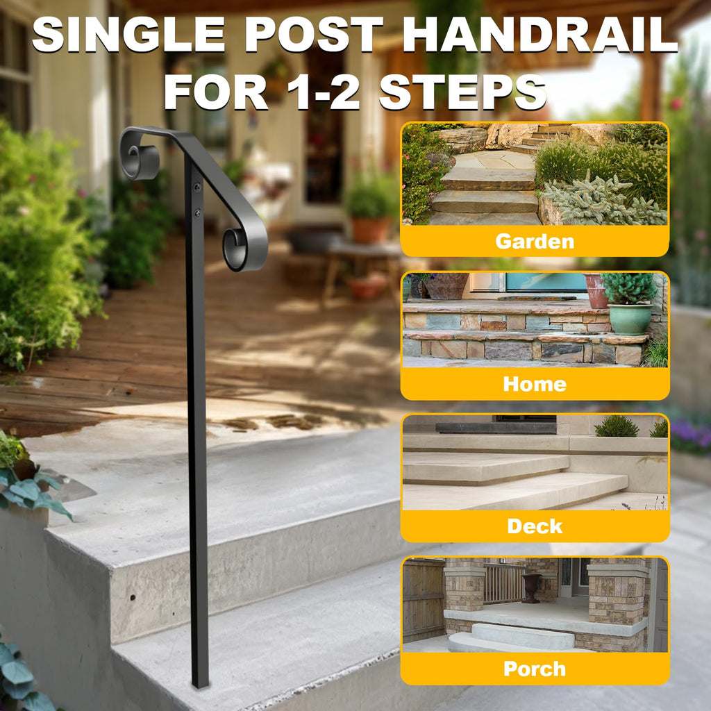 Single Post Handrail, 1 or 2 Steps Handrails for Outdoor Steps, Rust-Proof Wrought Iron Stair Railing in Ground for
