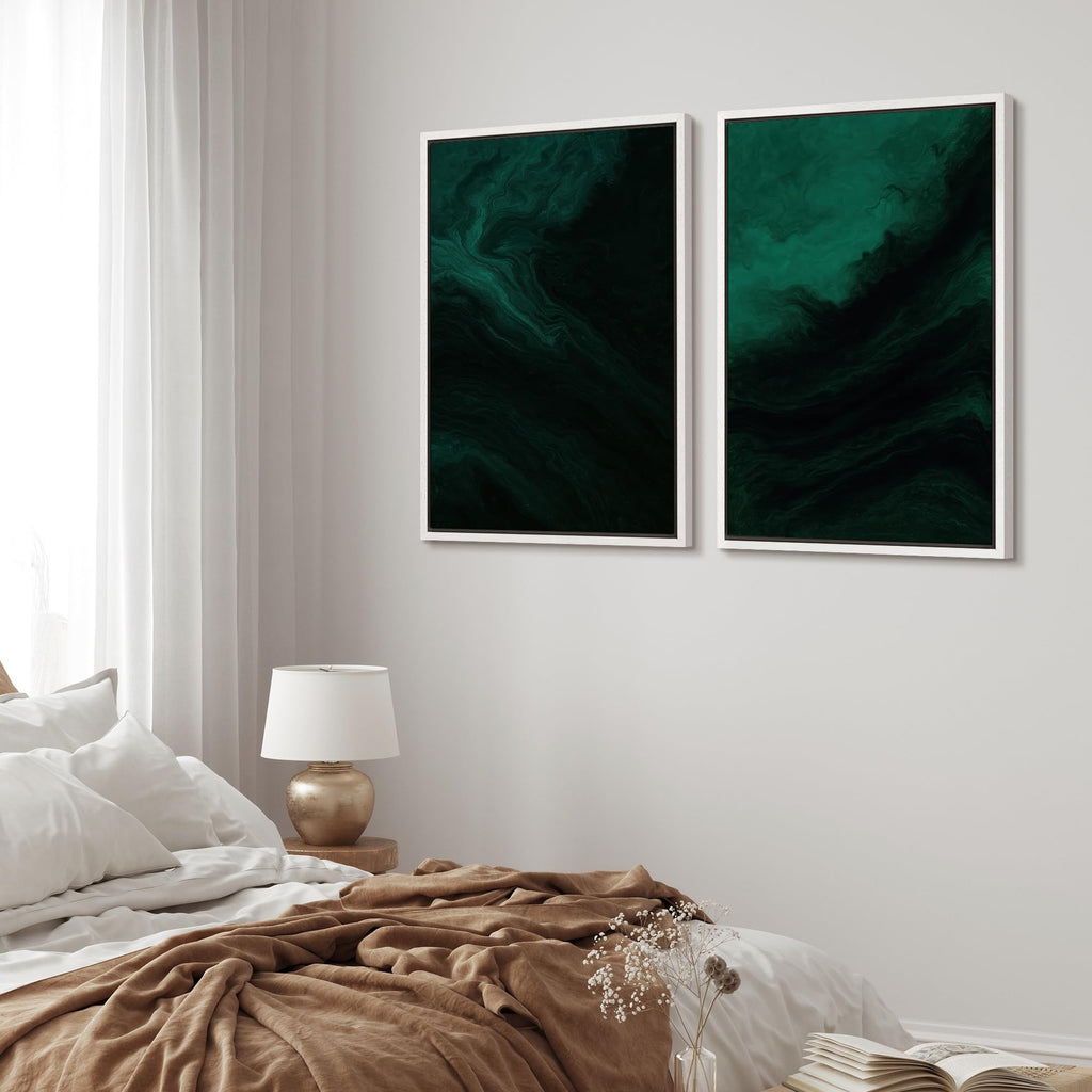 Framed Canvas Print Wall Art Set Deep Emerald Abstract Dark Green Marble Effect Illustrations Modern Art Decorative