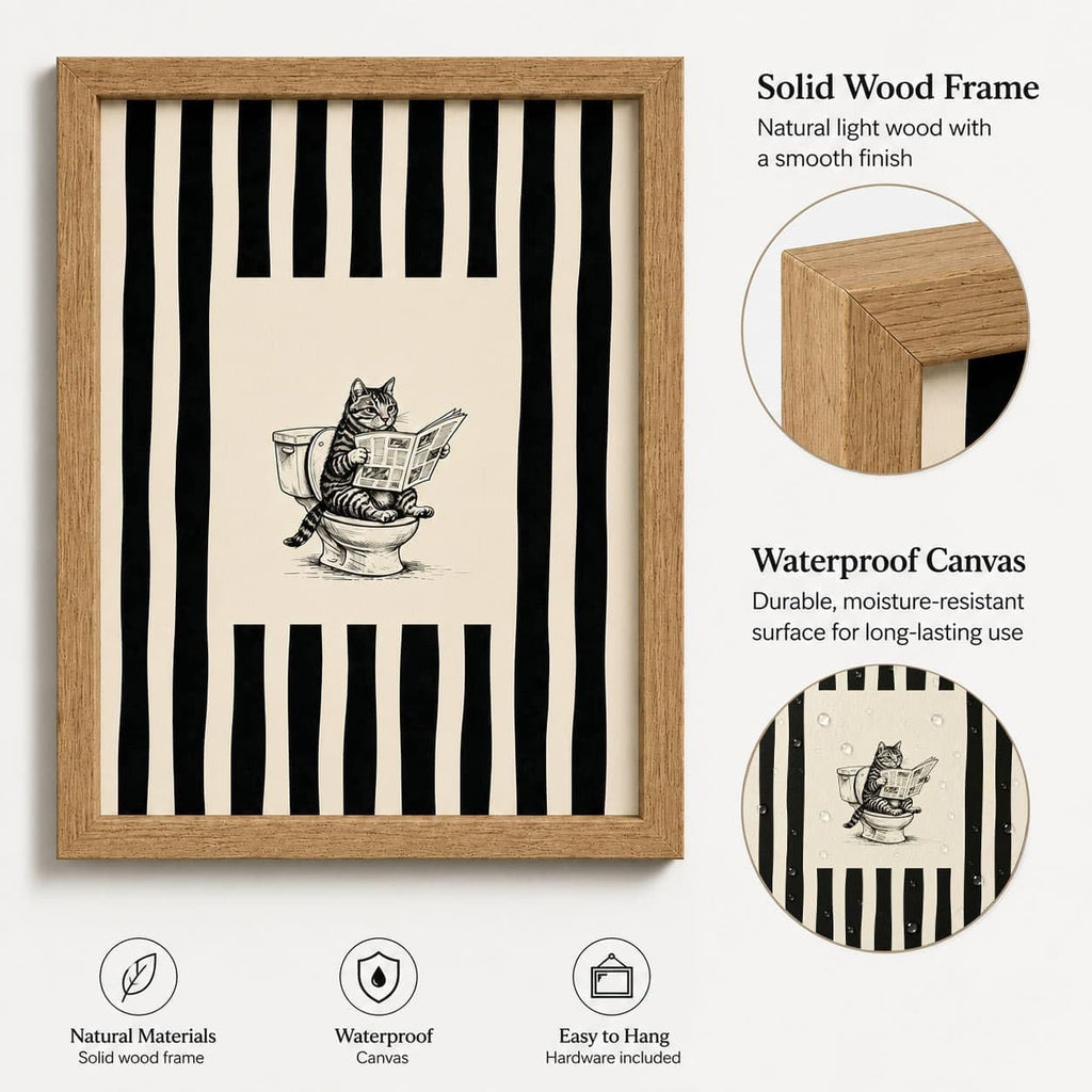 Framed Funny Bathroom Wall Art - Tabby Cat Reading Newspaper on Toilet Canvas Print, Vintage Striped Minimalist