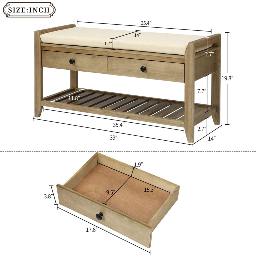 Storage Bench, Shoe Rack with Upholstered Seat and 2 Drawers, Solid Wood Entryway Storage Bench with Shoe Rack