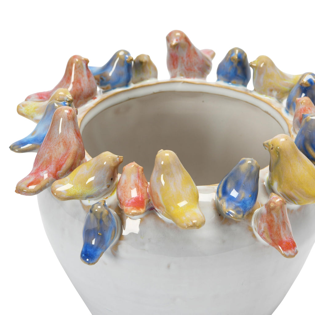 Stoneware Planter with Birds on Rim, Reactive Glaze