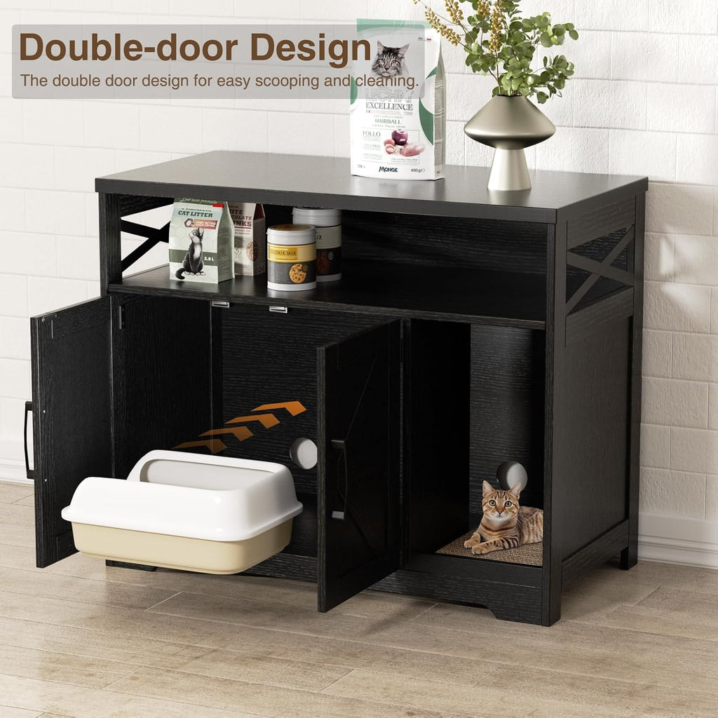 Cat Litter Box Enclosure, Hidden Litter Box Furniture with Scratch Pad, Farmhouse Indoor Cat House Washroom End