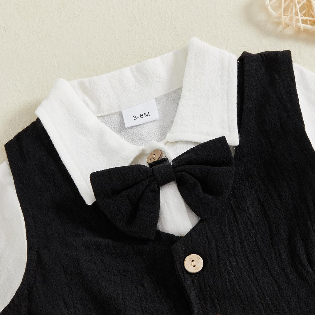 Baby Boy Dress Clothes Long Sleeve Romper Shirt Bowtie Waistcoat Suspender Pants Set Suit Fall Outfits