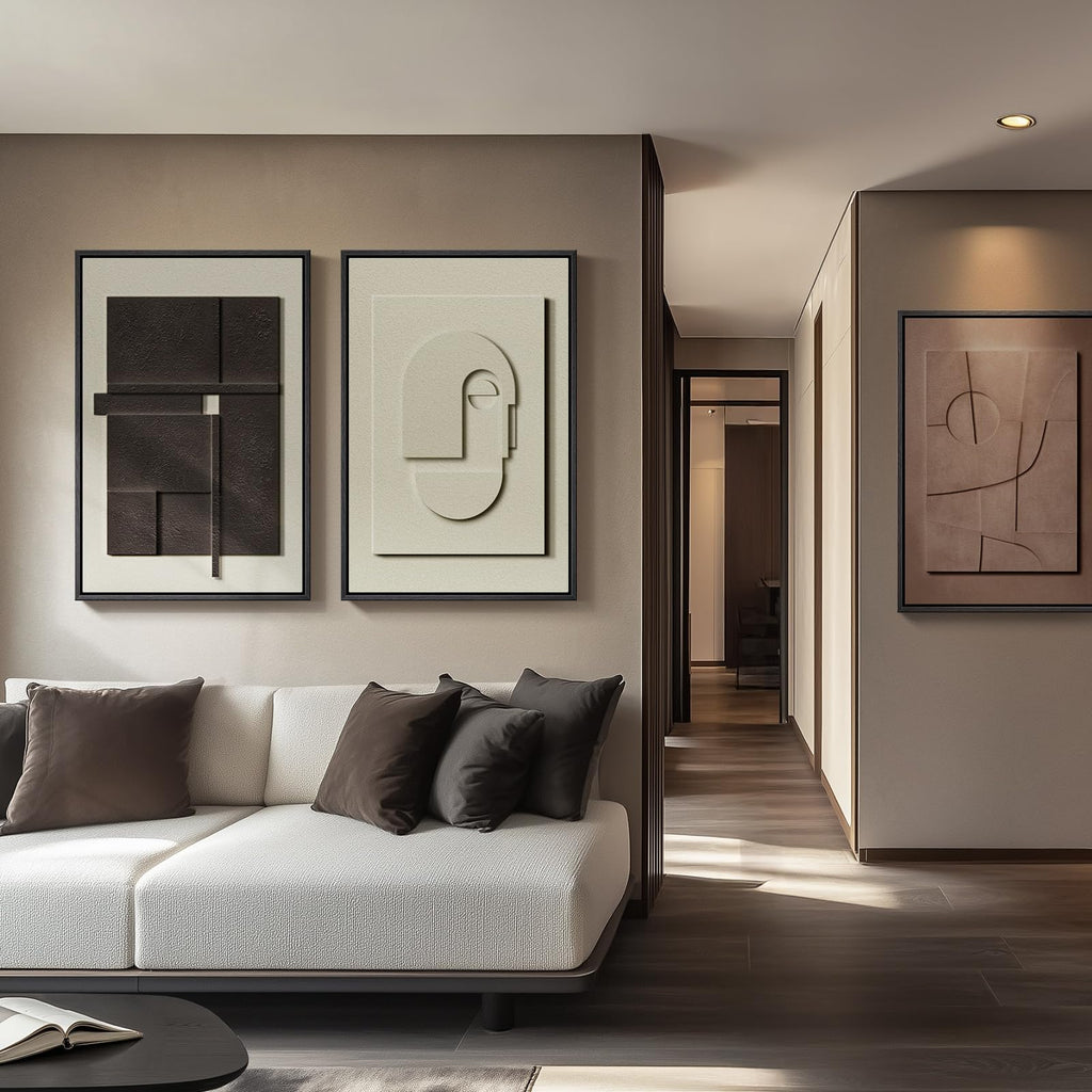 3D Large Framed Brown Abstract Wall Art, 3Piece 24x36 In