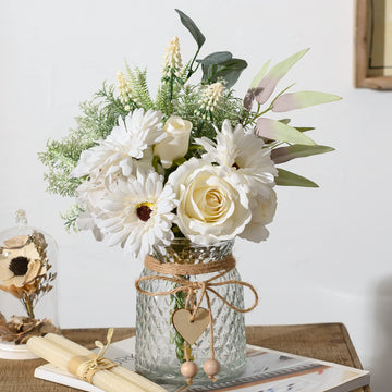 Artificial White Flowers with Vase, Fake Flowers Arrangement Decor, Faux Flowers for Farmhouse Coffee Table Decor
