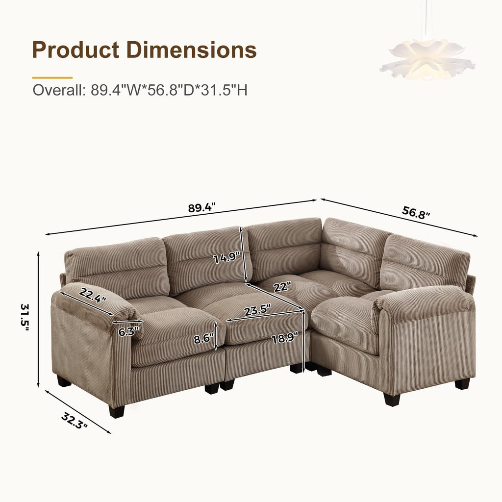 90" Modular Sectional L Shaped Corner Sofa Couch, Premium Corduroy 4-Seater Couches with Thick Cushion& Rolled Arm