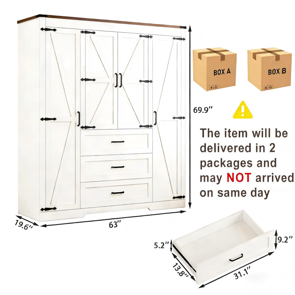 70" Tall Armoire Wardrobe Closet with 4 Doors & 3 Drawers, Farmhouse Bedroom Storage Cabinet with Hanging Rod