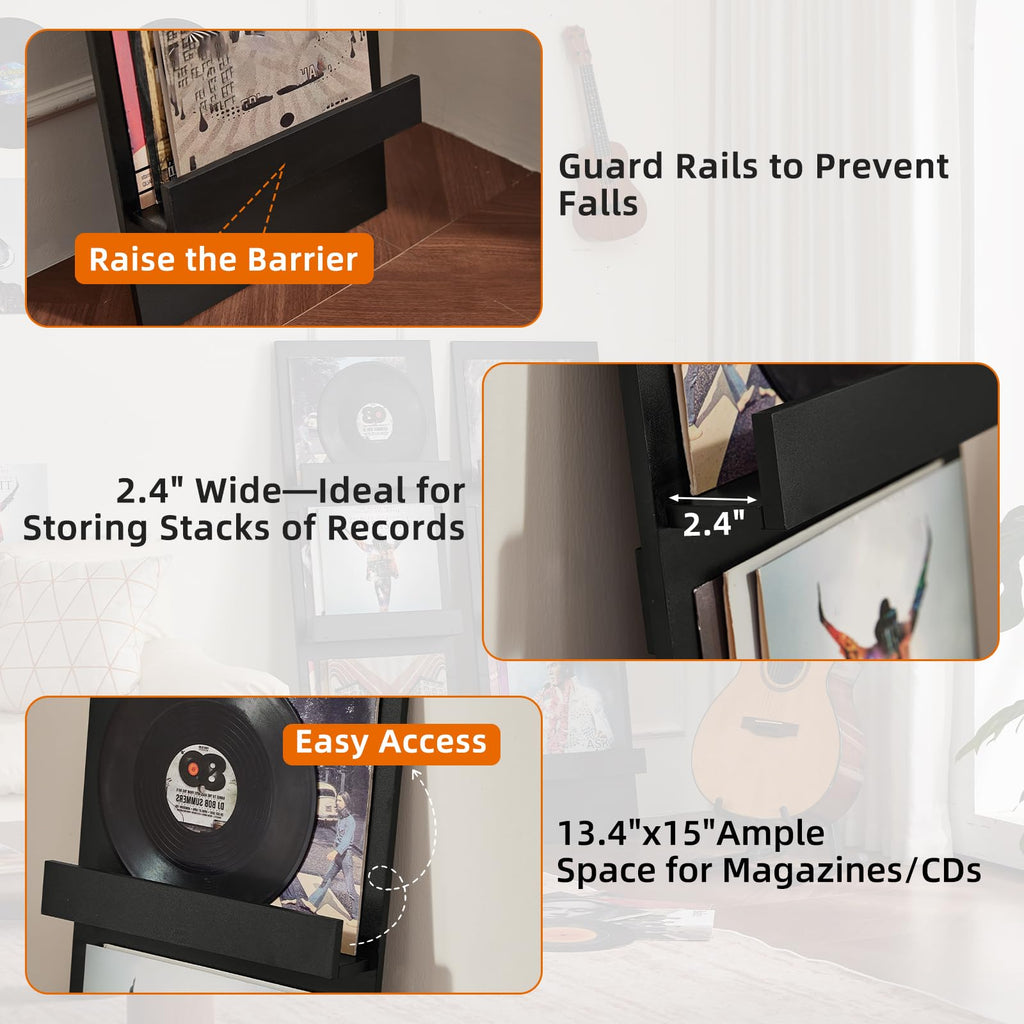 Wall-Leaning Vinyl Record Holder Set of 2 with 3 Tier Display Shelf, 47.5'' Tall Record Storage Magazine Holder