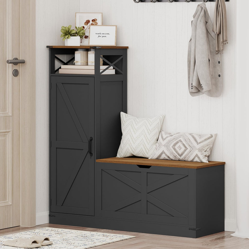 Shoe Cabinet with Bench, L-Shaped Shoe Bench, Storage Bench, Farmhouse Shoe Storage Cabinet with Adjustable Shelves
