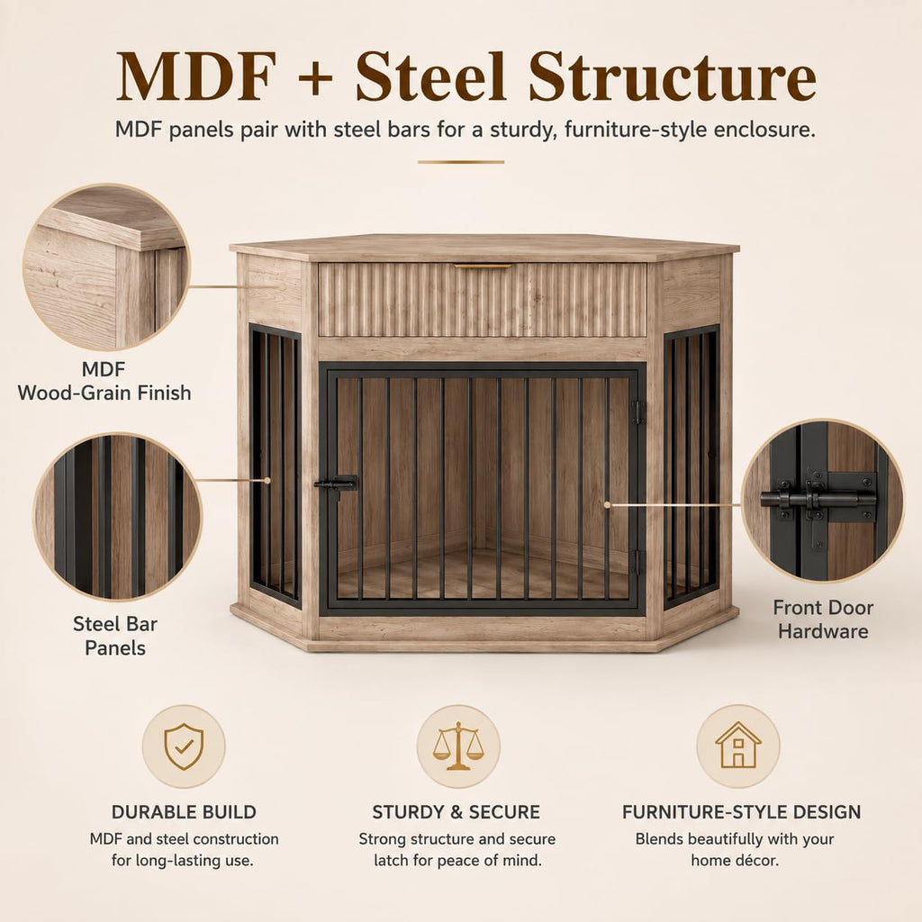 Corner Dog Crate Furniture with Fluted Drawer