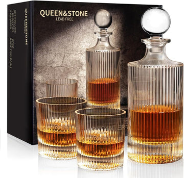 27Oz Whiskey Liquor Decanter Ribbed Set in Box,Decanter Set with 2 Glasses - Set of 3