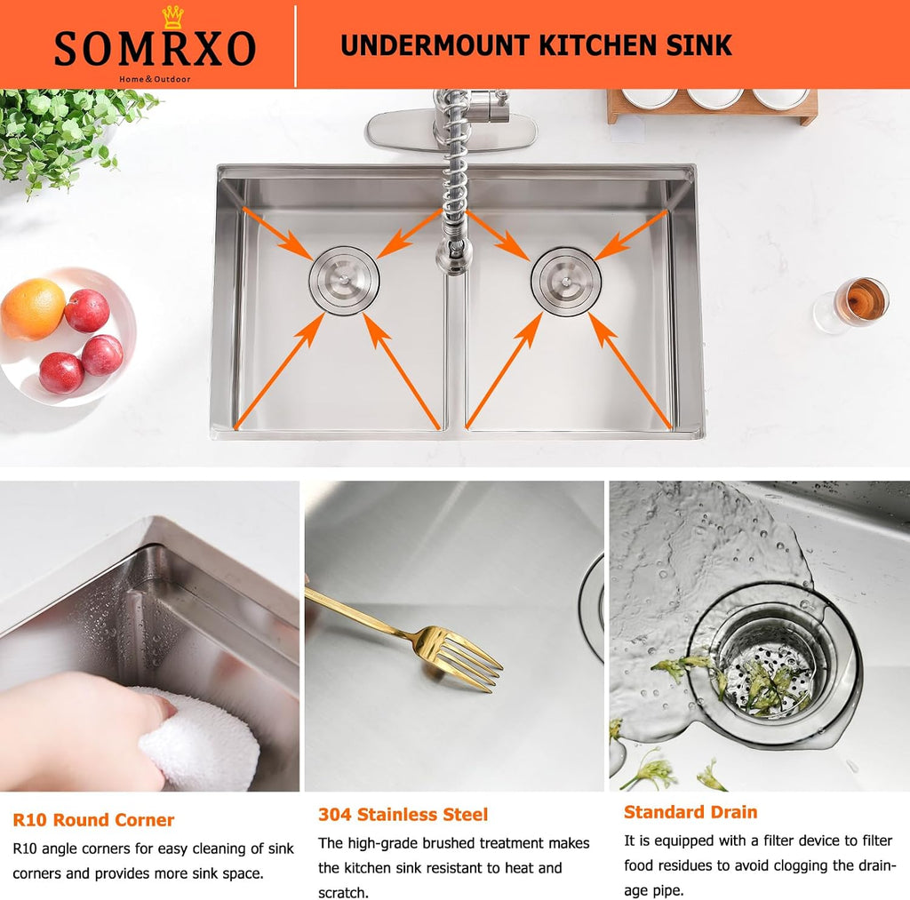 32x19 Inch Undermount Double Bowl Kitchen Sink | Workstation Design,16 Gauge Stainless Steel,10 Inch Deep