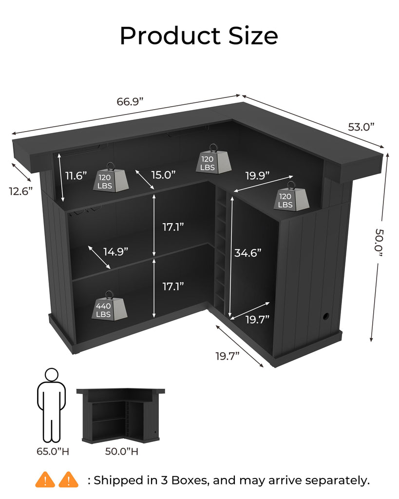 67" L Shaped Home Bar Cabinet with Fridge Space, Basement Bar