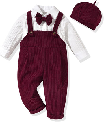 Newborn Baby Boy Outfit Set Long Sleeve Romper 3Pcs Gentleman Suspender Overall Fall Winter Clothes