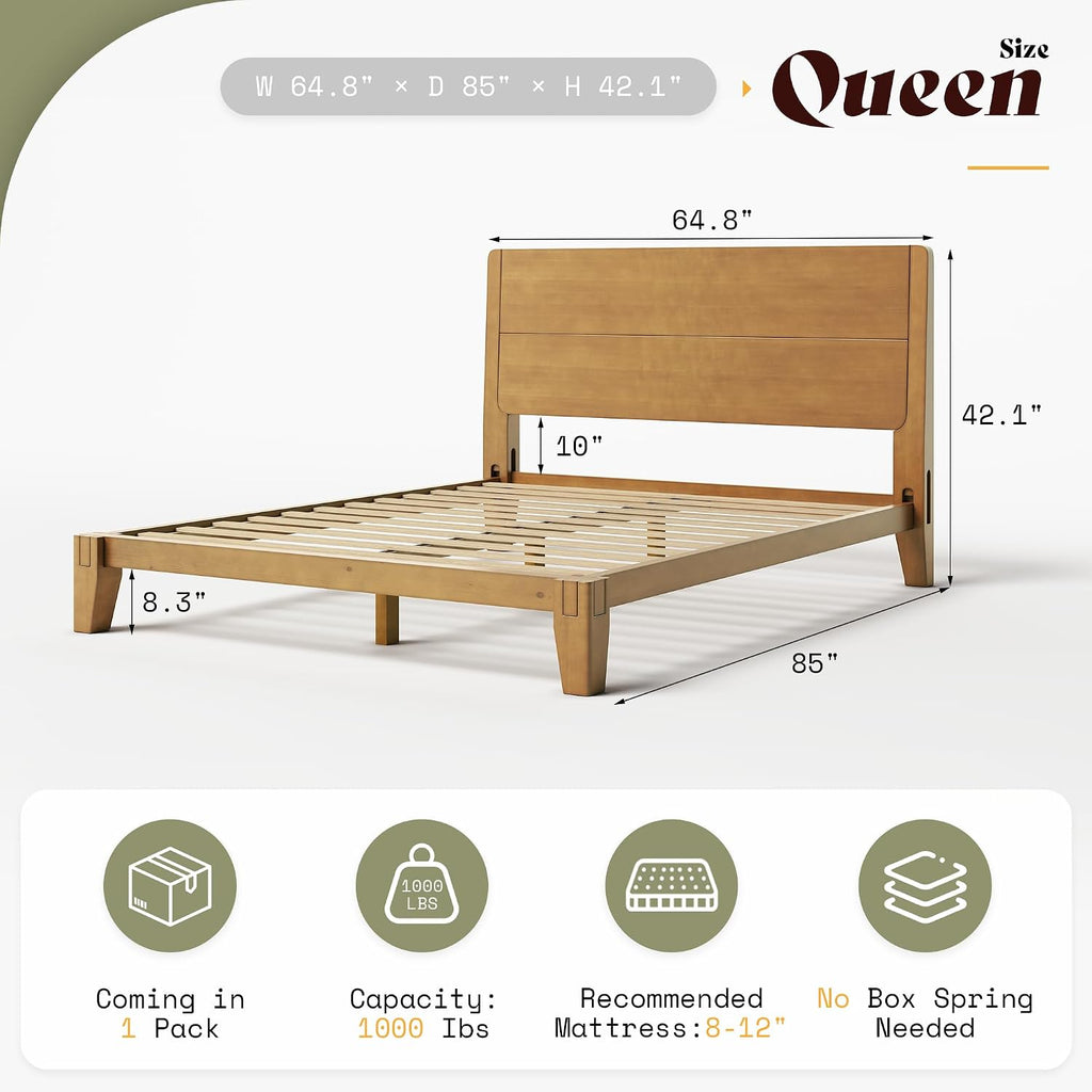 Solid Wood Queen Bed Frame with Headboard, Japanese Joinery, Brown