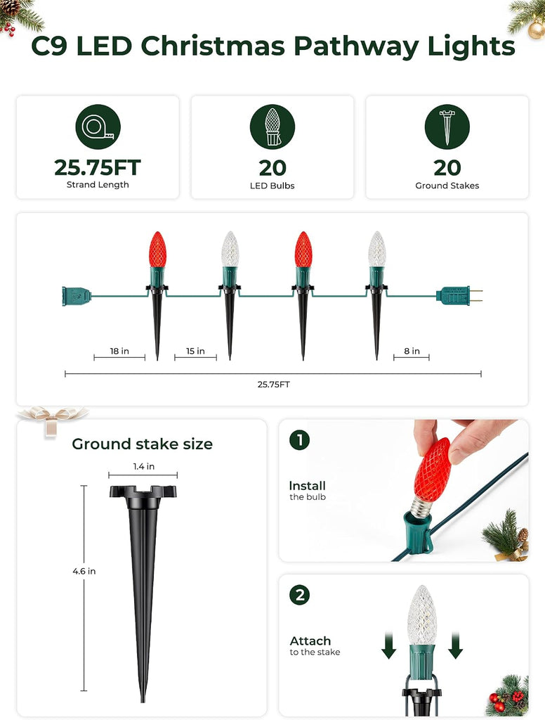 C9 Christmas Lights Outdoor, 26FT 20 LED C9 String Lights with Stakes