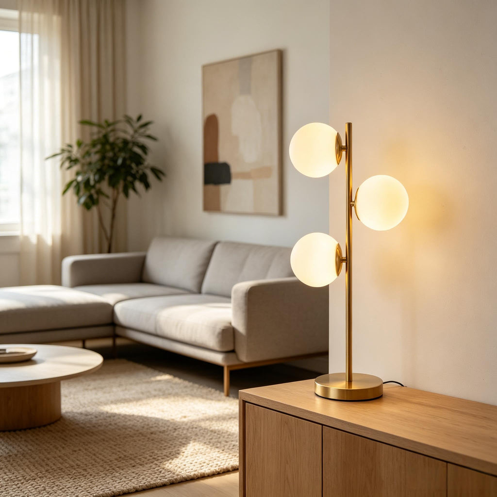Mid Century Modern 3-Light Table Lamp, Gold Glass Globe Nightstand Light with 3 Color Temperatures, LED Bedside Lamp