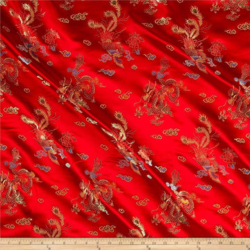 Chinese Brocade Sateen Dragon Red, Fabric by the Yard