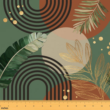 Green and Beige Fabric By The Yard Boho Mid Century Upholstery Fabric 1 Yard Bohemian Retro Leaf Waterproof Outdoor