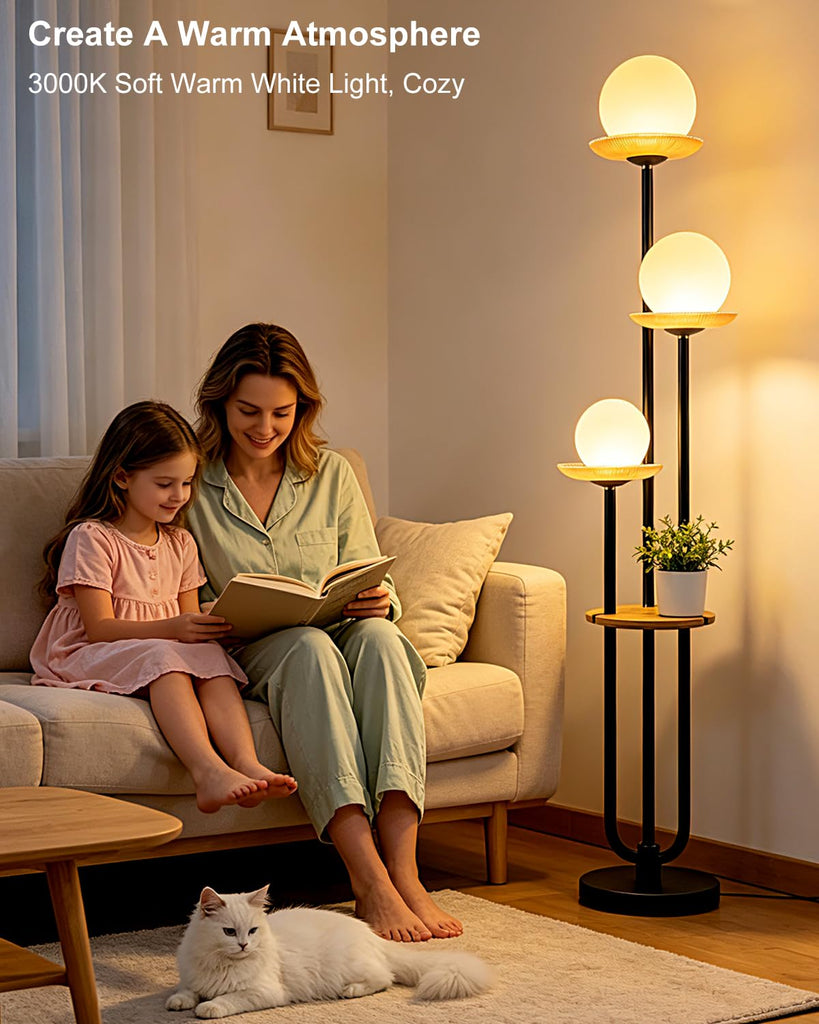 Black Floor Lamp Dimmable with Amber Glass Tray Tall Lamp