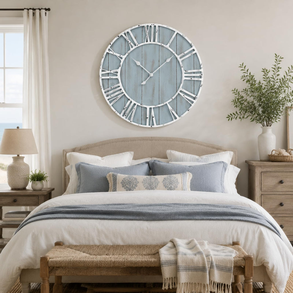 30 Inch Large Coastal Wall Clock, Blue Farmhouse Clock