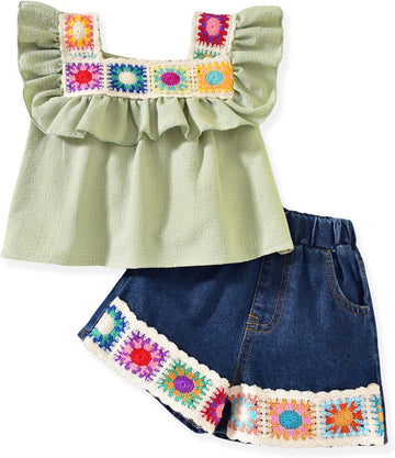 Toddler Girls Ruffle Crochet Tops Denim Shorts Set