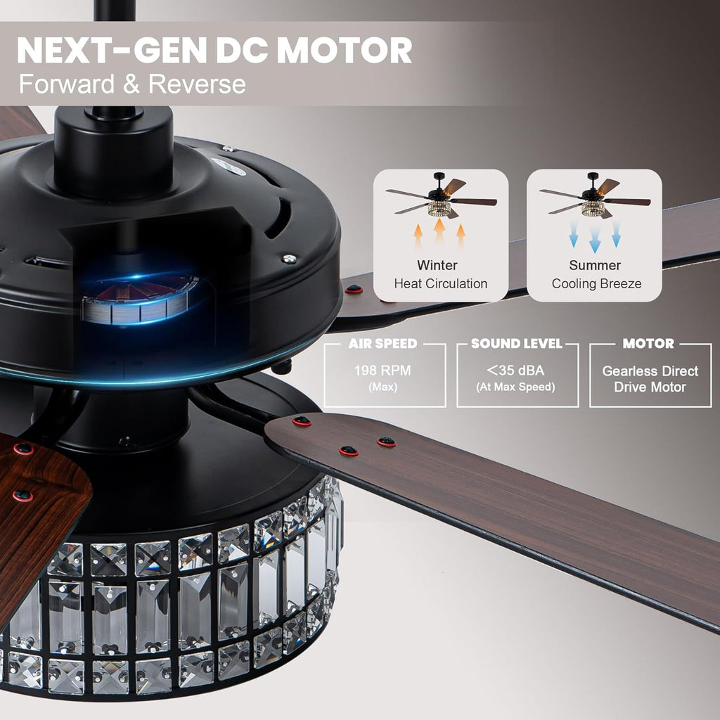 60 Inch Crystal Chandelier Ceiling Fans with Lights Black Large Modern Ceiling Fans Quiet and Reversible DC Motor 6