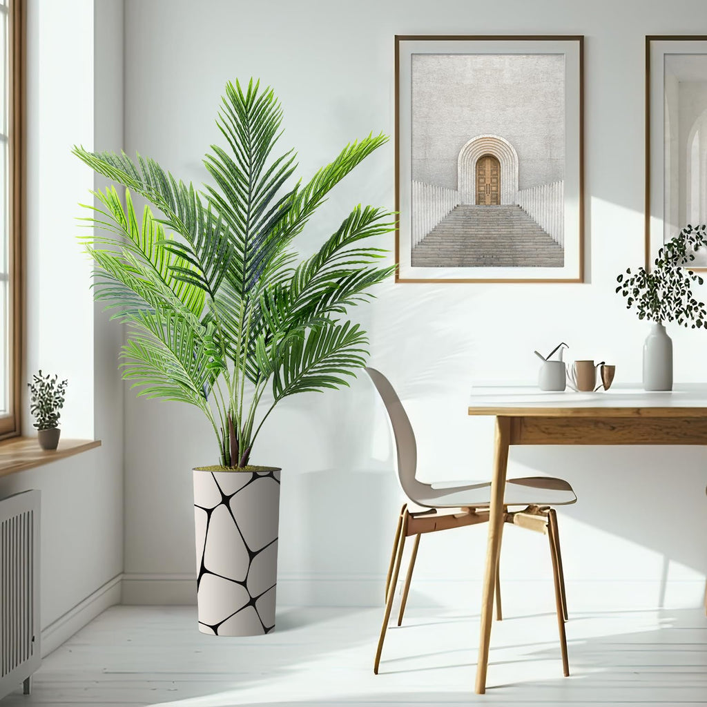 Artificial Tree in Geometric Pattern Planter, Fake Areca Tropical Palm Silk Tree for Indoor and Outdoor Home