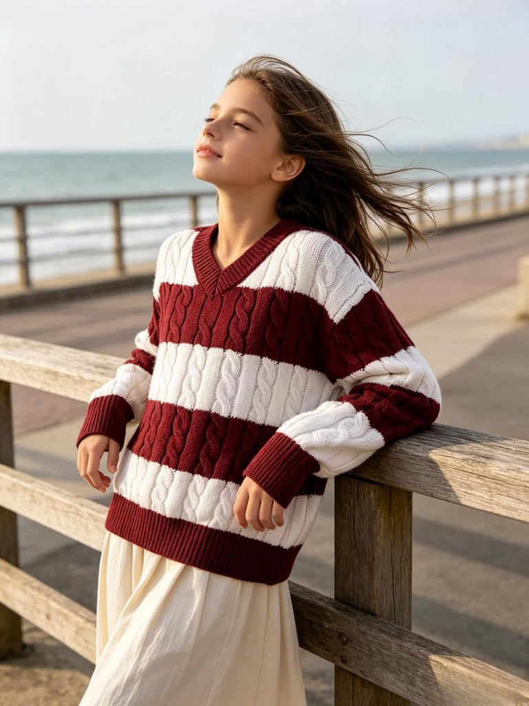 Vintage Striped Sweaters Long Sleeve V Neck Knit Pullover Tops