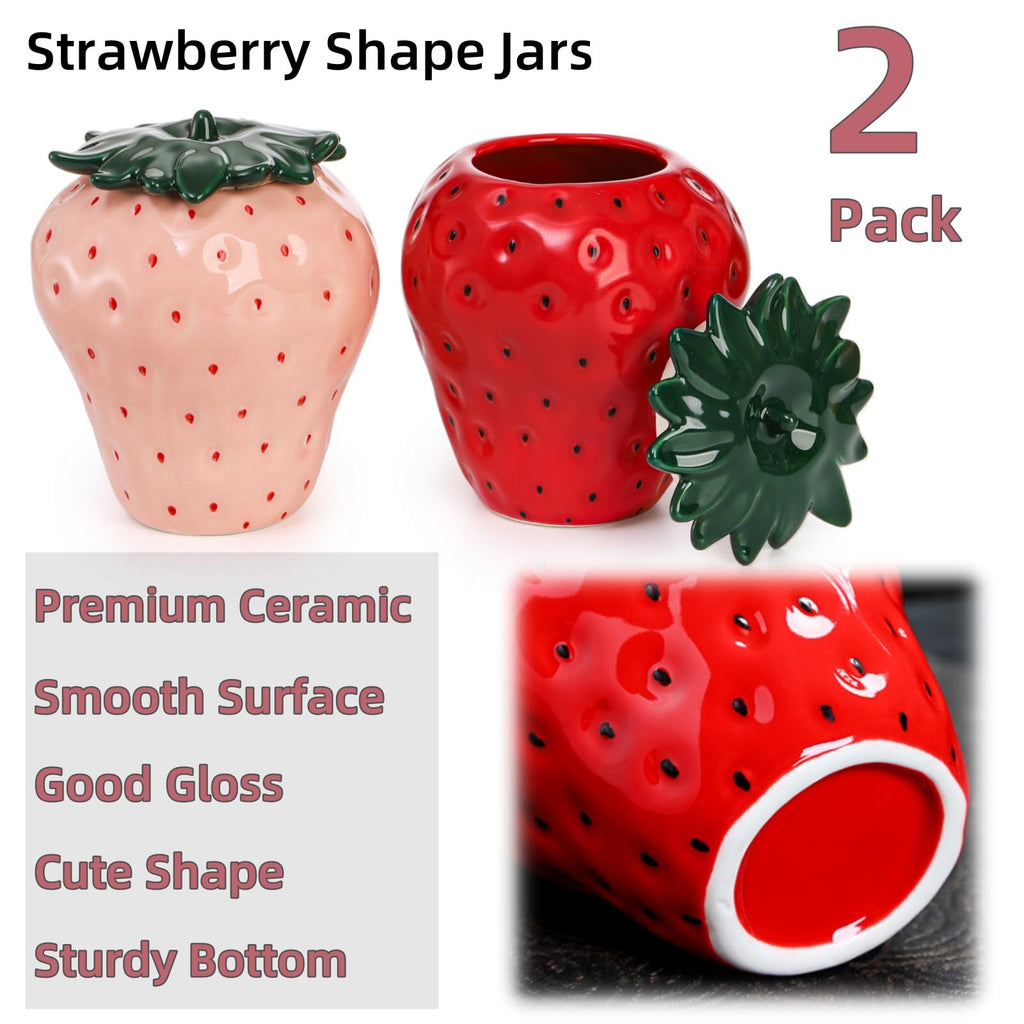 2 Pack Strawberry Storage Jars, 14 OZ Ceramic Cookie Containers with Airtight Lids, Cute Sugar Canisters Set, Candy