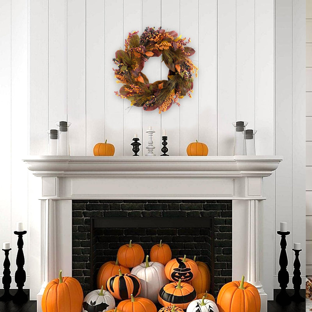 20 inch Thanksgiving Wreath Magnolia Leaves with Pine Needle Yellow Berry Wreath for Front Door Harvest Festival