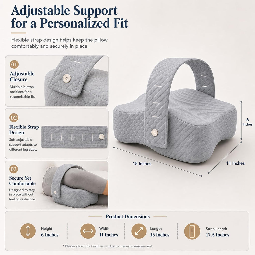 Knee Pillow for Side Sleepers, Extra-Wide Leg Support with Memory Foam Alignment, Adjustable Strap, High-Density