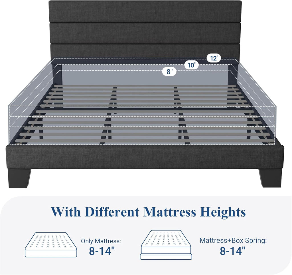 King Bed Frame Platform Bed with Fabric Upholstered Headboard and Wooden Slats Support