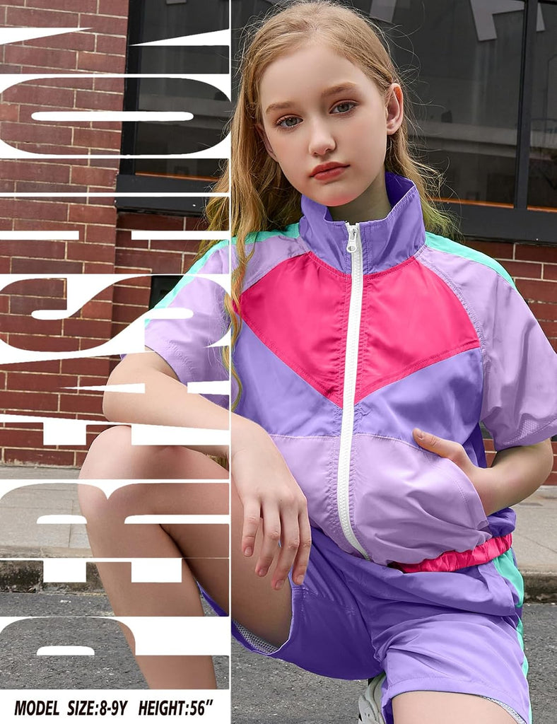 Girls Summer 2 Piece Outfits 80s 90s Tracksuit Windbreaker & Short Sets Hip Hop Dance