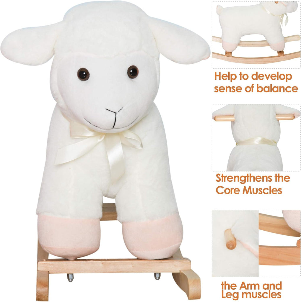 Lamb Rocking Horse Sheep Stuffed Animal Ride On Rocker for Kids White