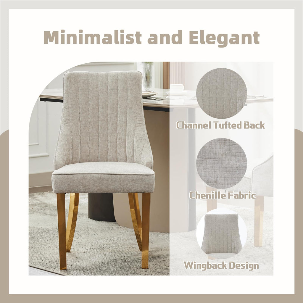 Beige Upholstered Set of 2, Channel Tufted, Gold Metal Legs