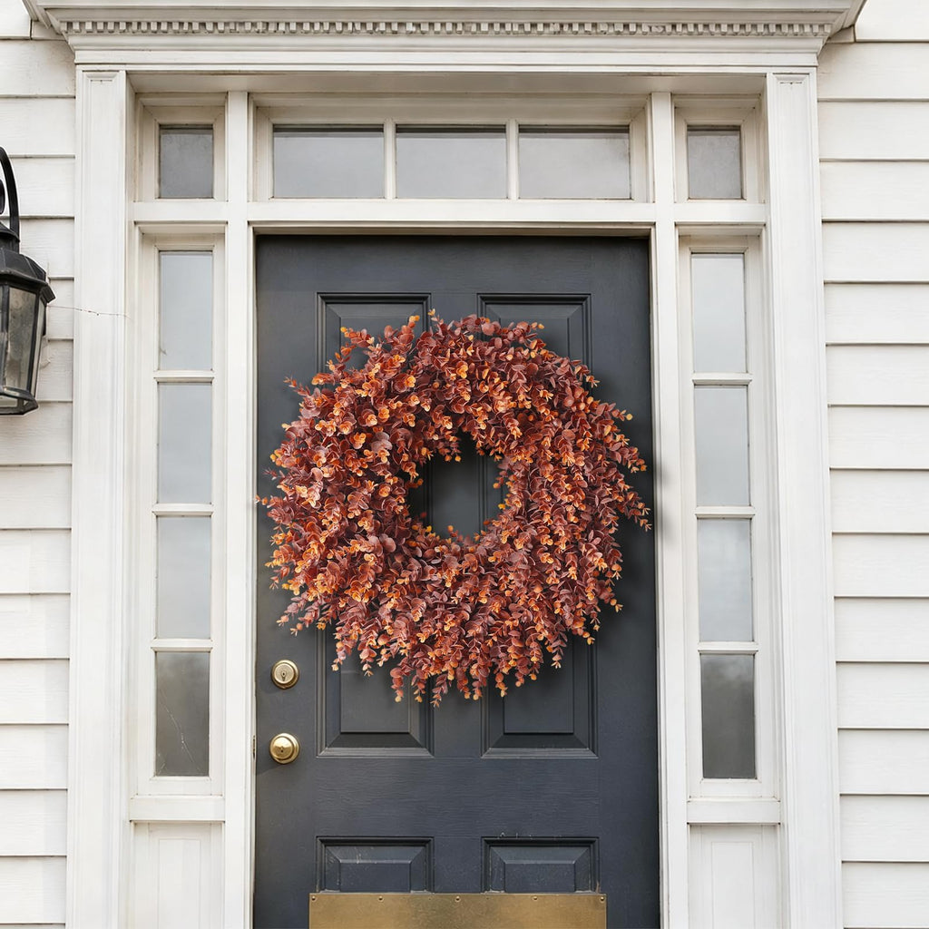 24" Lifelike Touch Fake Fall Eucalyptus Wreath for Front Door (Dark Orange)