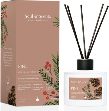 Reed Diffuser Set - Pine | 7.43 oz Refillable Scented Oil with 6 Fiber Sticks | Long-Lasting Home Fragrance & Air