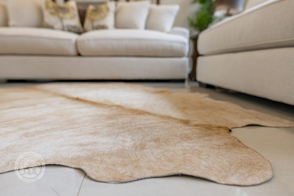 100% Genuine Exotic Beige Palomino Cowhide Rug - Modern Style Animal Skin Rug & Floor Carpet & More - Extra Large